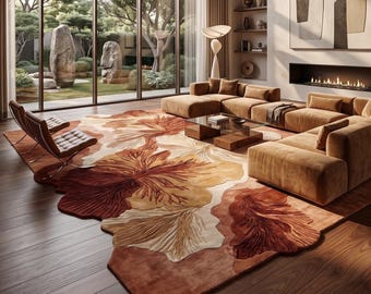 May include: A large, irregularly shaped area rug featuring a textured, organic pattern in shades of rust, terracotta, cream, and beige. The rug has a carved, dimensional surface with flowing, leaf-like motifs that contrast against the smooth floor.
