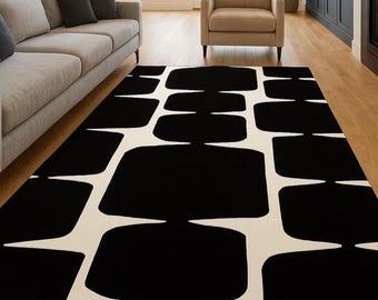 Hand Tufted Wool Area Rug, Black and Ivory Geometric Design
