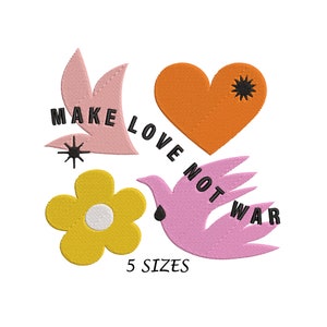 Può includere: Design ricamato con una colomba rosa, un fiore giallo, un cuore e il testo "Make Love Not War". Il design è disponibile in cinque dimensioni.
