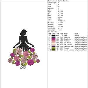 May include: An embroidery design production worksheet. The design is a silhouette of a woman in a dress made of roses. The design is 3.1 inches by 3.8 inches.