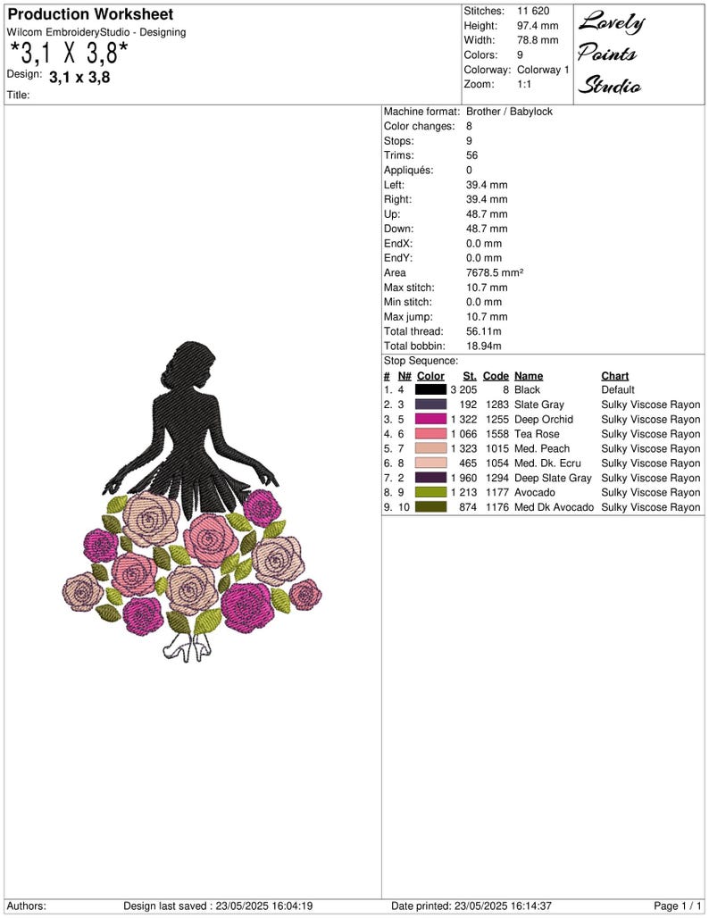 May include: An embroidery design production worksheet. The design is a silhouette of a woman in a dress made of roses. The design is 3.1 inches by 3.8 inches.