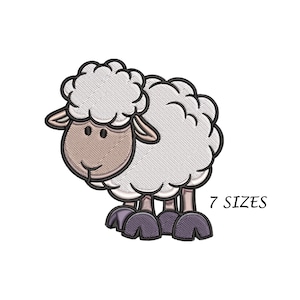 Könnte beinhalten: Ein weißes Cartoon-Schaf mit braunem Gesicht und lila Hufen. Das Schaf steht auf weißem Hintergrund. 7 GRÖSSEN.