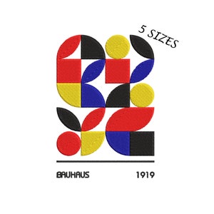 May include: A geometric design in red, yellow, blue, and black colors. The design is made up of circles, semi-circles, and squares. The text "5 SIZES" is above the design, and the text "BAUHAUS 1919" is below the design.