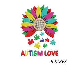 May include: Embroidered design featuring a colorful sunflower with puzzle pieces falling from it. The text "AUTISM LOVE" is below the sunflower, and "6 SIZES" is below the text.