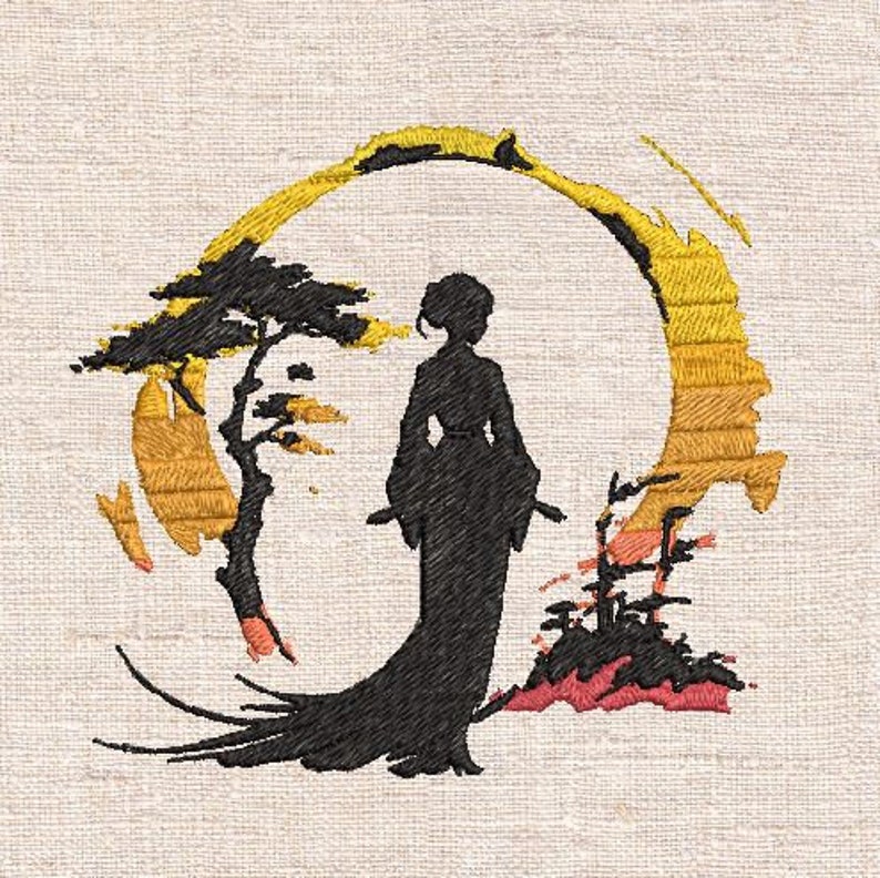 May include: A black silhouette of a person standing in front of a yellow and orange circle with a black tree on the left side. The person is wearing a long dress and has their hair pulled back. The background is a light beige.