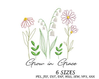 May include: Embroidered design of flowers and leaves with the text "Grow in Grace" and "6 SIZES" below. The text "PES, JEF, DST, EXP, HUS, SEW, VP3, XXX" is listed below the sizes.