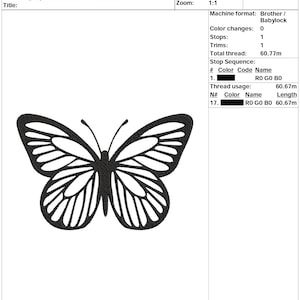 May include: Black and white embroidery design of a butterfly, titled "papillon noir 5 x 3.28". The design is 8.37 cm high and 12.72 cm wide and uses 1 color of thread.