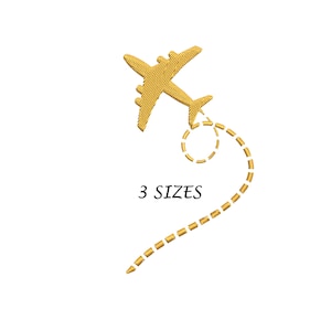 May include: Gold airplane embroidery design with a dotted line trail. The design includes the text "3 SIZES".