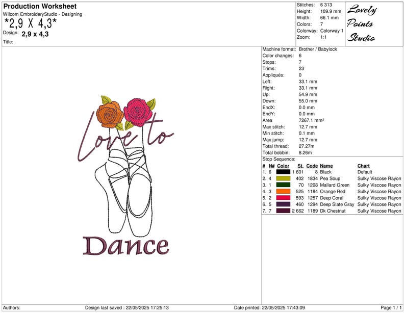 May include: An embroidery design featuring ballet shoes, roses, and the words "Love to Dance." The design includes an orange and a pink rose above the ballet shoes. The text is in a cursive font.