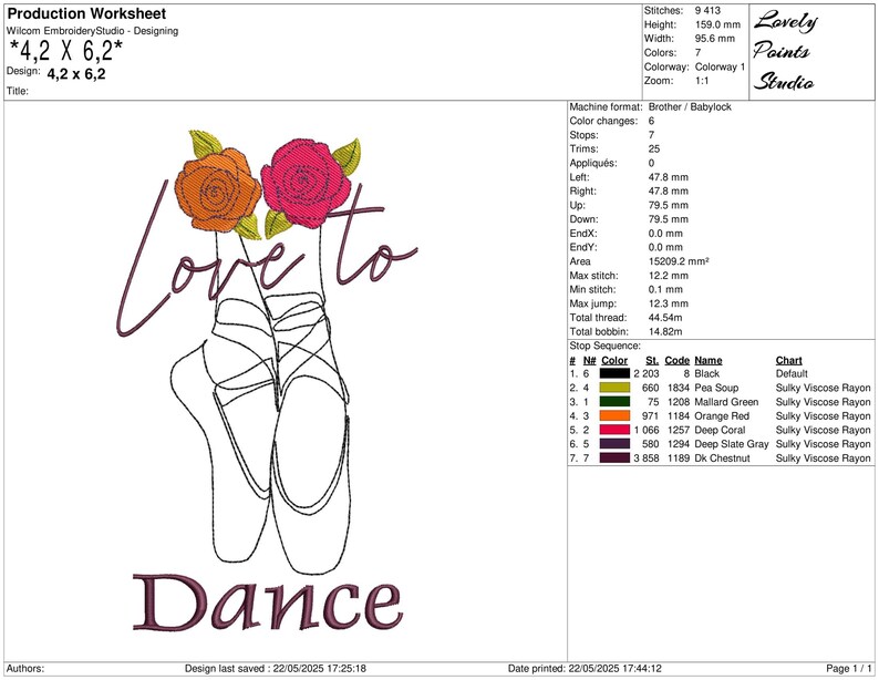 May include: An embroidery design featuring ballet shoes with the words "Love to Dance." The design includes orange and pink roses above the text. The design dimensions are 4.2 x 6.2 inches.
