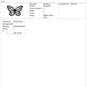 May include: Black and white embroidery design of a butterfly with the title "papillon noir 9 x 5.91". The design is 9 inches by 5.91 inches and has 27,164 stitches.