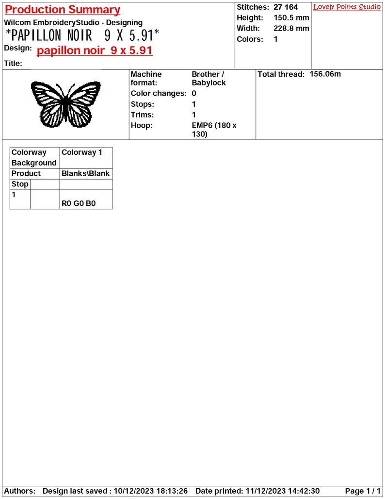 May include: Black and white embroidery design of a butterfly with the title "papillon noir 9 x 5.91". The design is 9 inches by 5.91 inches and has 27,164 stitches.