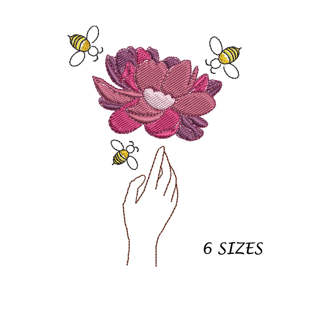 Hand Line Art Peony and Bees Embroidery Design for Machine in 6 Sizes ...