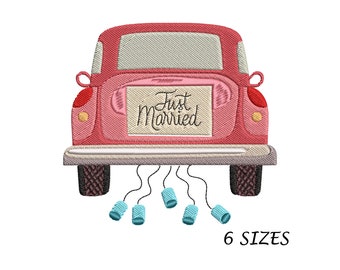 Machineborduurontwerp 'Just Married' trouwauto (digitaal bestand, 6 maten)