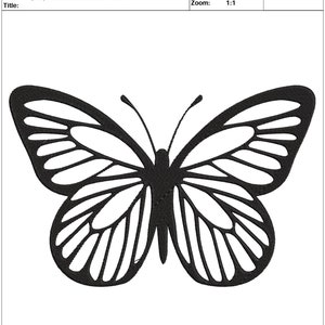 May include: Black and white embroidery design of a butterfly. The design is titled "papillon noir" and measures 8 inches by 5.25 inches.