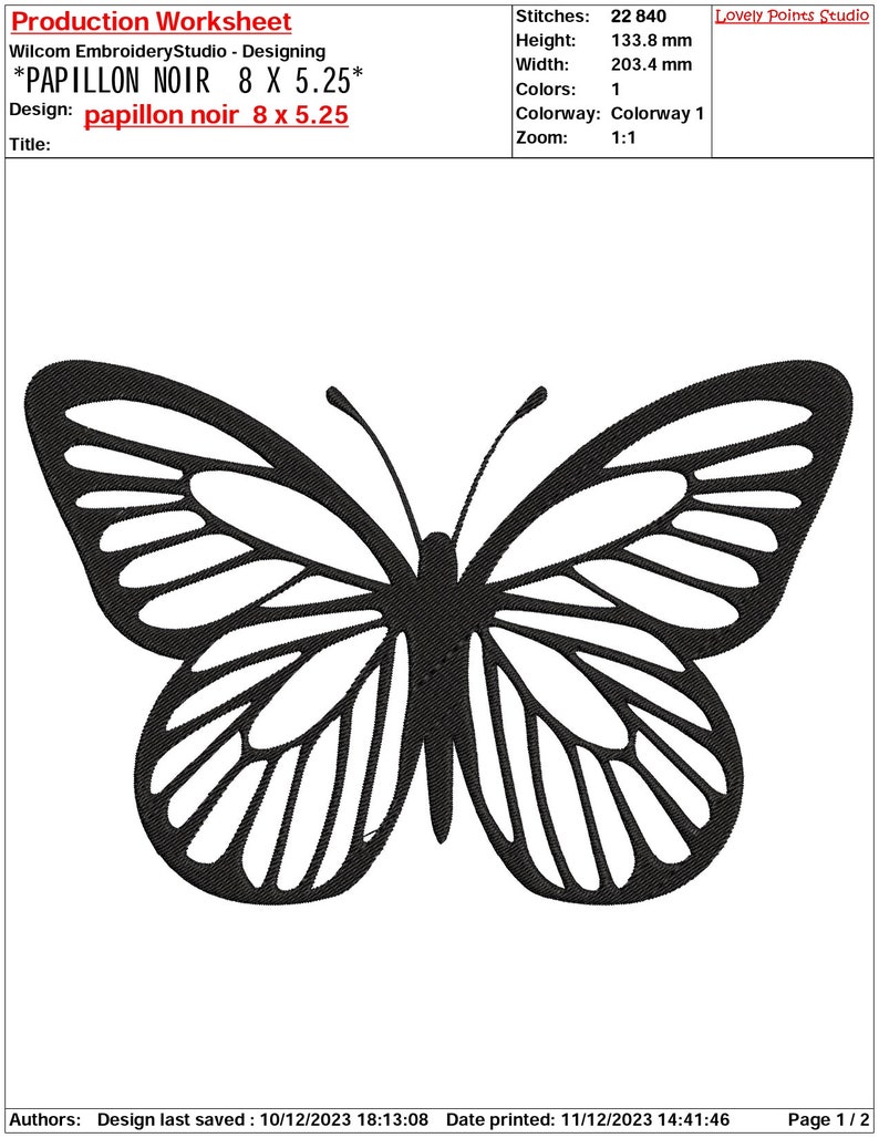 May include: Black and white embroidery design of a butterfly. The design is titled "papillon noir" and measures 8 inches by 5.25 inches.