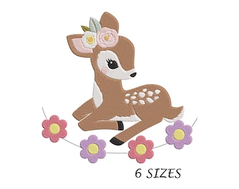 Fawn and Flowers Embroidery Design, Bambi Machine Embroidery Design, 6 Sizes Digital File, Instant Download, Multi Formats, Cute Fawn Design