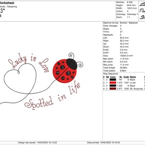 May include: Embroidery design showing a red ladybird with black spots, a heart, and the text "Lucky in Love Spotted in Life." The design measures 12.45 cm x 8.38 cm and is suitable for embroidery.