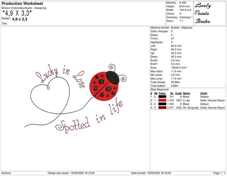 May include: Embroidery design showing a red ladybird with black spots, a heart, and the text "Lucky in Love Spotted in Life." The design measures 12.45 cm x 8.38 cm and is suitable for embroidery.