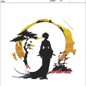 May include: A black silhouette of a woman in a traditional Japanese kimono standing in front of a stylized sunset with a tree on the left. The background is a gradient of yellow, orange, and red. The text "Lovely Points Studio" is in the upper right corner of the image.