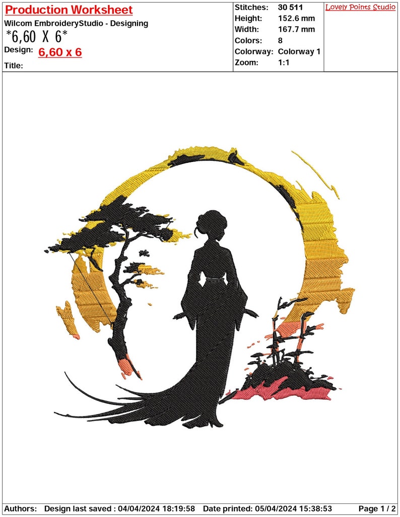 May include: A black silhouette of a woman in a traditional Japanese kimono standing in front of a stylized sunset with a tree on the left. The background is a gradient of yellow, orange, and red. The text "Lovely Points Studio" is in the upper right corner of the image.