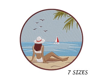Sunbathing Woman on Sand Birds in Sky and Sailing Boat Embroidery Design for Machine, 7 Sizes, Multi Formats Digital File, Instant Download