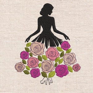 May include: A black silhouette of a person with a dress made of embroidered roses in shades of pink and beige, with green leaves. The person is wearing high heels. The background is a light beige fabric.
