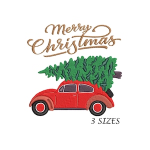 Christmas Beetle Car Embroidery Design: Tree on Red Car (Digital File, 3 sizes)