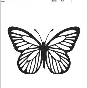 May include: Black and white embroidery design of a butterfly, titled "papillon noir 7 x 4.60".