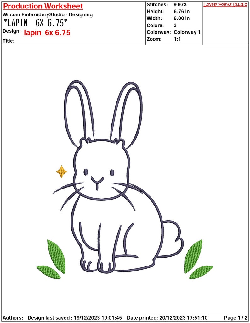 Pu&ograve; includere: Un disegno in bianco e nero di un coniglio seduto con le orecchie dritte e una scintilla sopra la testa. Ci sono due foglie verdi su entrambi i lati del coniglio. Il testo *LAPIN 6X 6.75* &egrave; nella parte superiore dell'immagine. Il testo lapin 6x 6.75 &egrave; sotto l'immagine. Il testo Lovely Points Studio &egrave; nell'angolo in alto a destra dell'immagine.