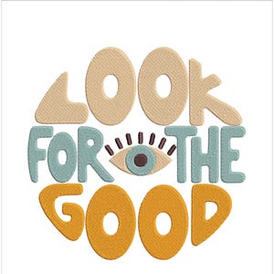 Pu&ograve; includere: Un ricamo colorato con il testo "LOOK FOR THE GOOD" in forma circolare. Le lettere sono in stile retr&ograve; con un occhio blu al centro.