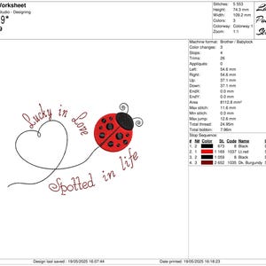 May include: An embroidery design featuring a red and black ladybug with the words "Lucky in Love Spotted in life" in a script font. The design includes a heart and a curved line. The design dimensions are 10.9 x 7.4 cm.
