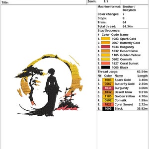 May include: A silhouette of a woman standing in front of a stylized sunset with a tree. The colors in the sunset are shades of orange, yellow, and red. The design is titled "*3,89 X 3,54*" and the dimensions are 3.89 inches by 3.54 inches. The design is for embroidery and uses 8 colors.