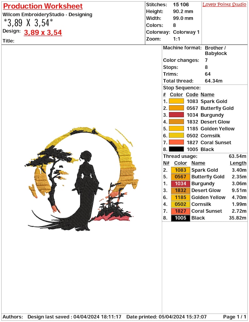 May include: A silhouette of a woman standing in front of a stylized sunset with a tree. The colors in the sunset are shades of orange, yellow, and red. The design is titled "*3,89 X 3,54*" and the dimensions are 3.89 inches by 3.54 inches. The design is for embroidery and uses 8 colors.