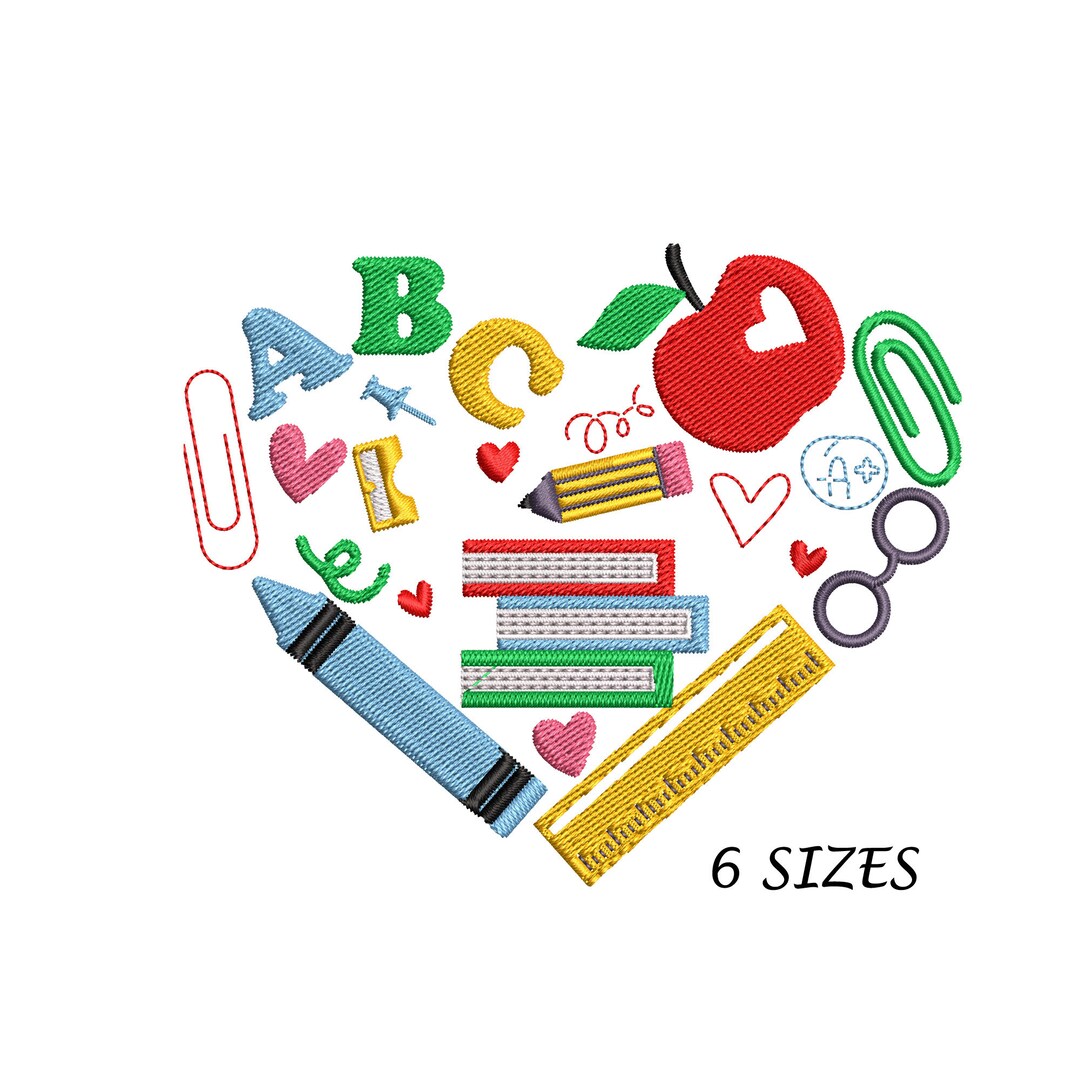 Heart-shaped School Supplies Embroidery Design (digital File, 6 Sizes ...