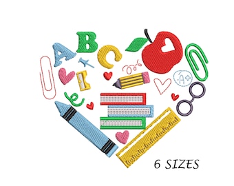 Heart-Shaped School Supplies Embroidery Design (Digital File, 6 Sizes
