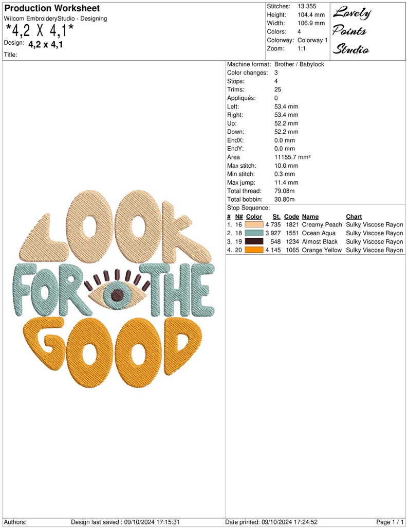 Pu&ograve; includere: File di ricamo per un design colorato e stravagante che dice "LOOK FOR THE GOOD" con un occhio stilizzato al centro. Il design misura 4,2 pollici per 4,1 pollici e utilizza quattro colori: pesca cremosa, acquamarina, quasi nero e giallo arancio.