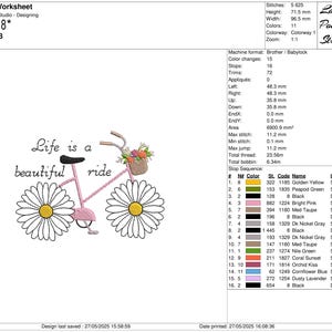 Op de afbeelding: Een borduurontwerp van een roze fiets met madeliefjeswielen en een bloemenmand, met de tekst "Life is a beautiful ride". De afmetingen van het ontwerp zijn 9,65 cm x 7,15 cm.
