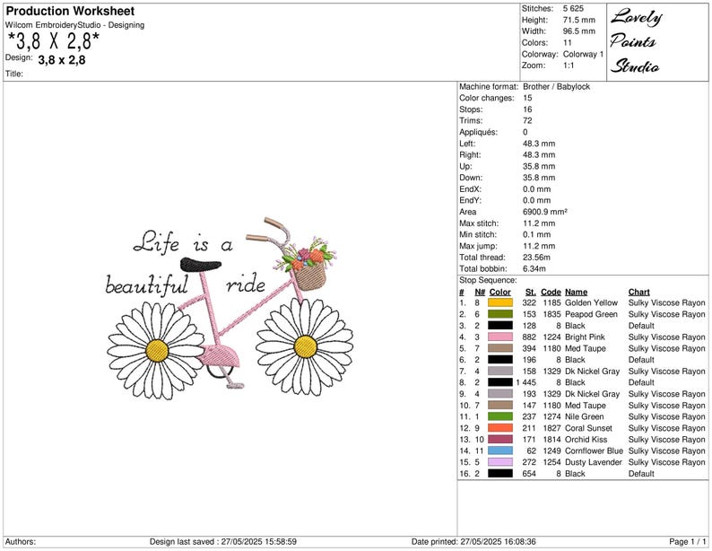 Op de afbeelding: Een borduurontwerp van een roze fiets met madeliefjeswielen en een bloemenmand, met de tekst "Life is a beautiful ride". De afmetingen van het ontwerp zijn 9,65 cm x 7,15 cm.