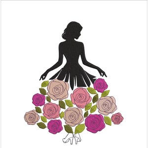 May include: An embroidery design featuring a silhouette of a woman wearing a dress adorned with roses in shades of pink, mauve, and green. The design includes the text "Lovely Points Studio" and the dimensions are 5.7 x 7 inches.