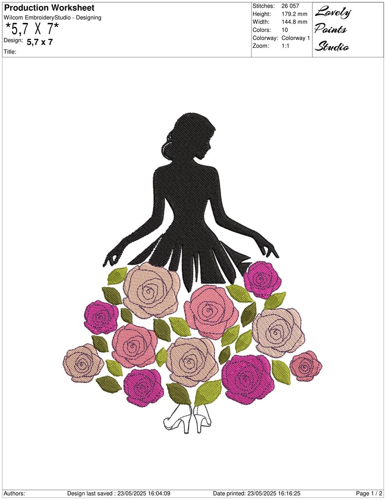 May include: An embroidery design featuring a silhouette of a woman wearing a dress adorned with roses in shades of pink, mauve, and green. The design includes the text "Lovely Points Studio" and the dimensions are 5.7 x 7 inches.