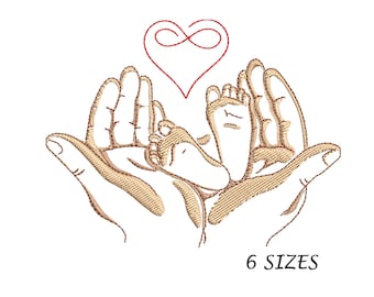 Baby Feet in Hands Embroidery Design: Newborn Heart (Instant Download, 6 Sizes)