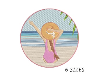 May include: Embroidered design of a person in a pink swimsuit and straw hat on a beach, with the ocean in the background. The person has their arm raised. The text "6 SIZES" is at the bottom.
