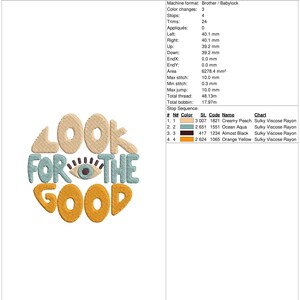 Pu&ograve; includere: File di ricamo per un design circolare che dice "LOOK FOR THE GOOD" in stile retr&ograve; con un occhio stilizzato al centro. Il design utilizza quattro colori: pesca cremosa, acquamarina oceanica, quasi nero e giallo arancio.
