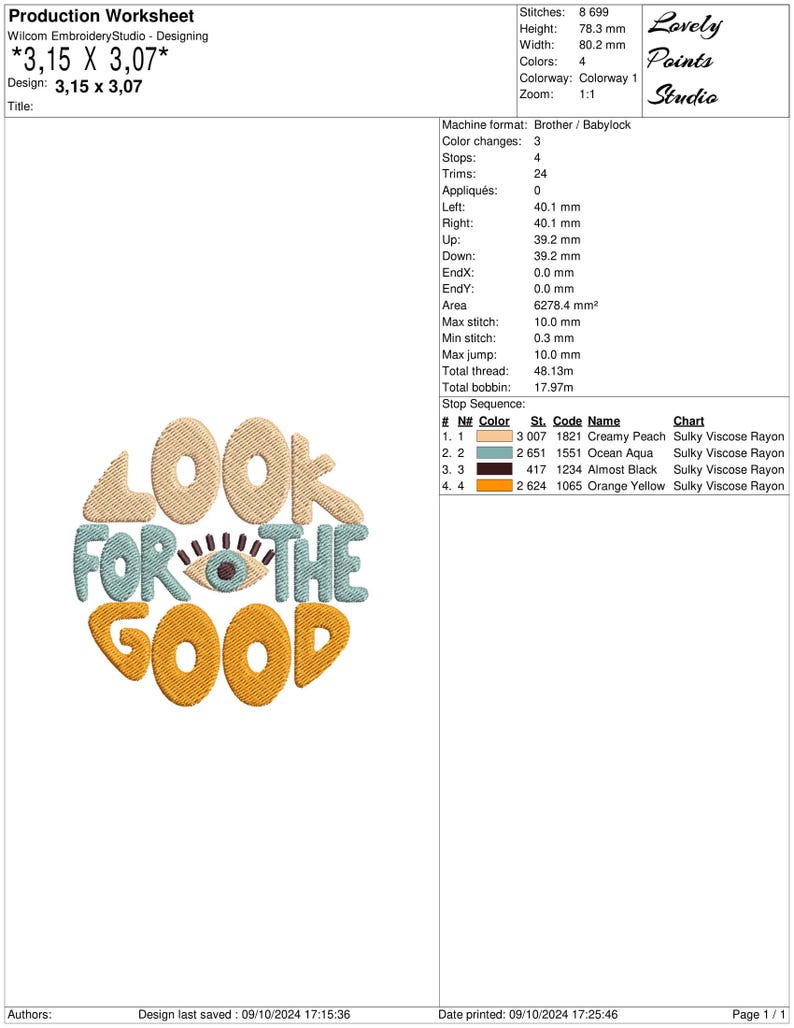 Pu&ograve; includere: File di ricamo per un design circolare che dice "LOOK FOR THE GOOD" in stile retr&ograve; con un occhio stilizzato al centro. Il design utilizza quattro colori: pesca cremosa, acquamarina oceanica, quasi nero e giallo arancio.