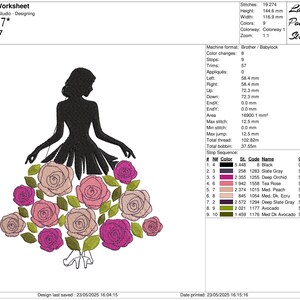 May include: Silhouette of a woman in a dress made of roses. The design features a black silhouette with a skirt of pink, fuchsia, and peach-colored roses with green leaves. The design is 4.6 x 5.7 inches.