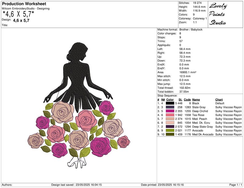 May include: Silhouette of a woman in a dress made of roses. The design features a black silhouette with a skirt of pink, fuchsia, and peach-colored roses with green leaves. The design is 4.6 x 5.7 inches.