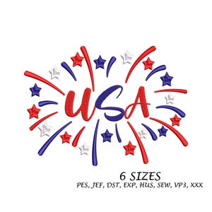 May include: Embroidered design of the word "USA" in red and blue lettering surrounded by a ring of red and blue fireworks with white stars.