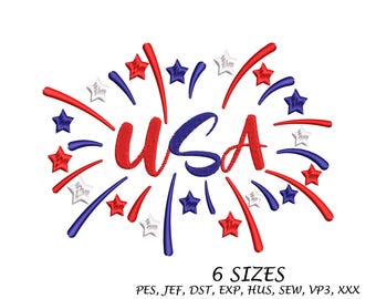 USA Firework  or Single Fireworks  Embroidery Design, 4th of July Machine File 6 Sizes,