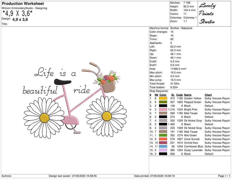 Op de afbeelding: Een borduurontwerp van een roze fiets met madeliefjeswielen en een bloemenmand. De tekst luidt "Life is a beautiful ride". Het ontwerp is 12,4 cm breed en 9,2 cm hoog.